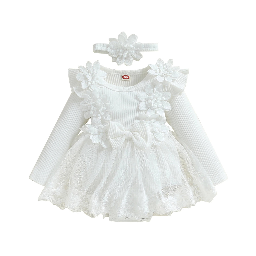 3D Flower Romper Princess Mesh Ruffle Dress & Headband