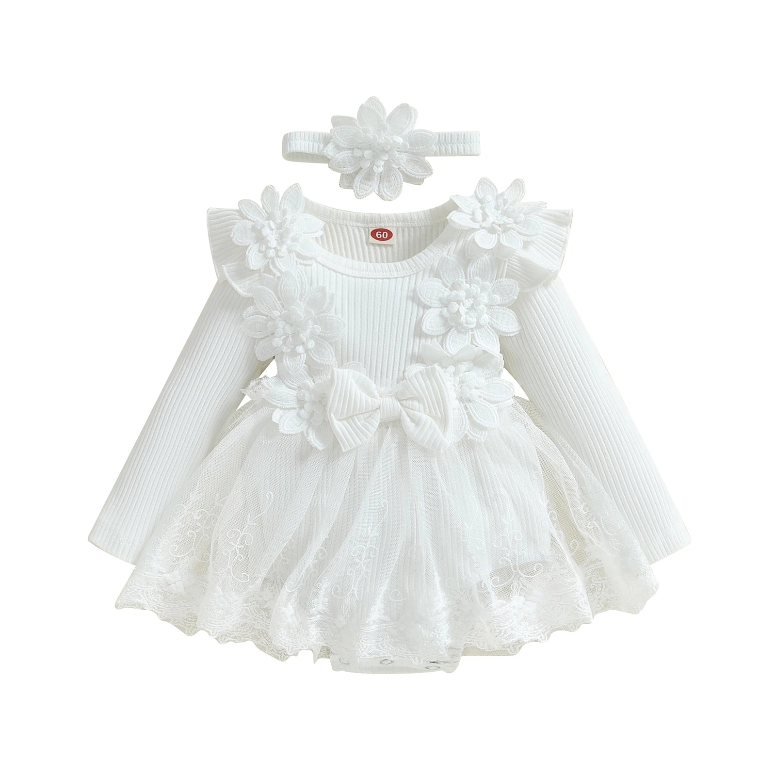 3D Flower Romper Princess Mesh Ruffle Dress & Headband