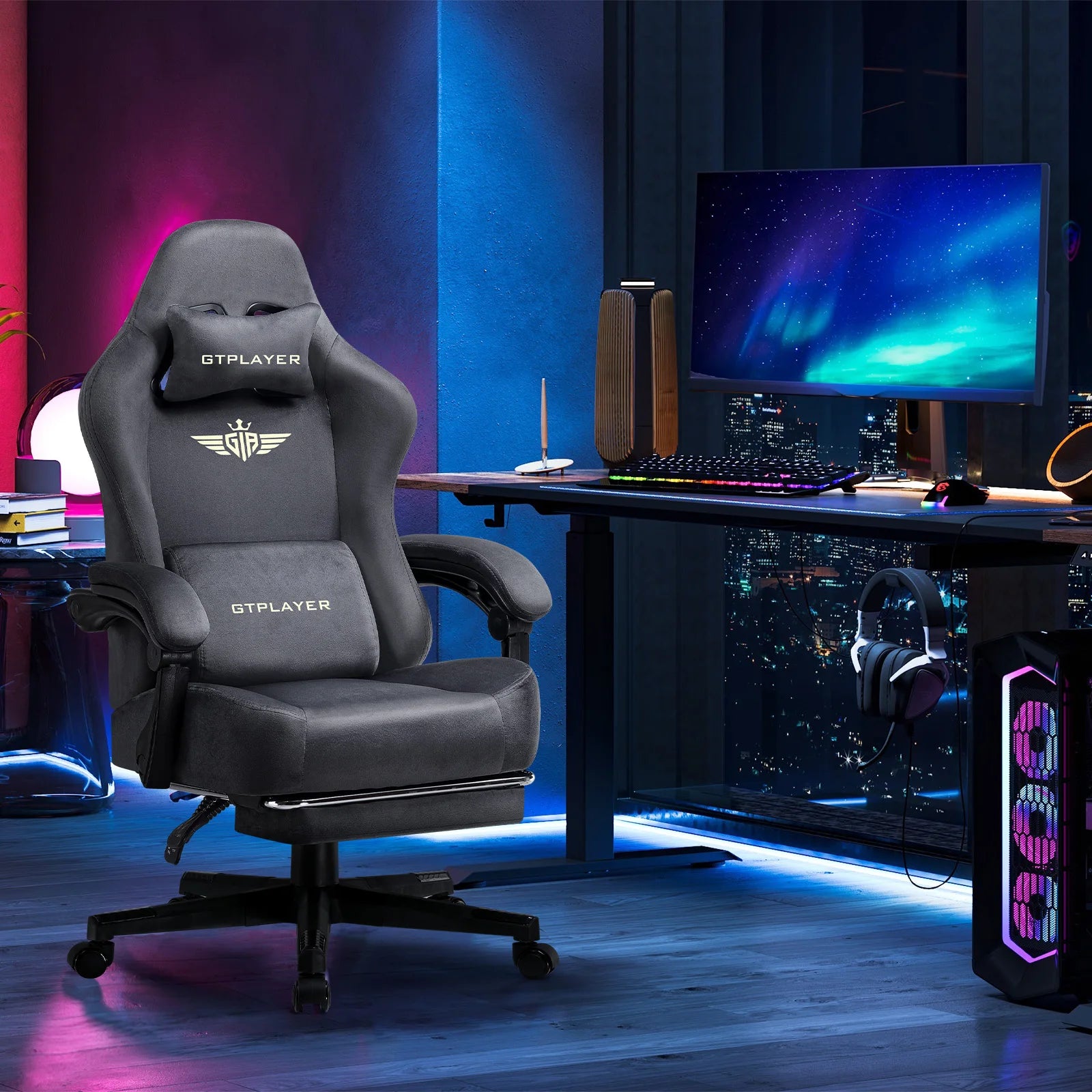 GTPLAYER Gaming Chair with Footrest and Lumbar Support