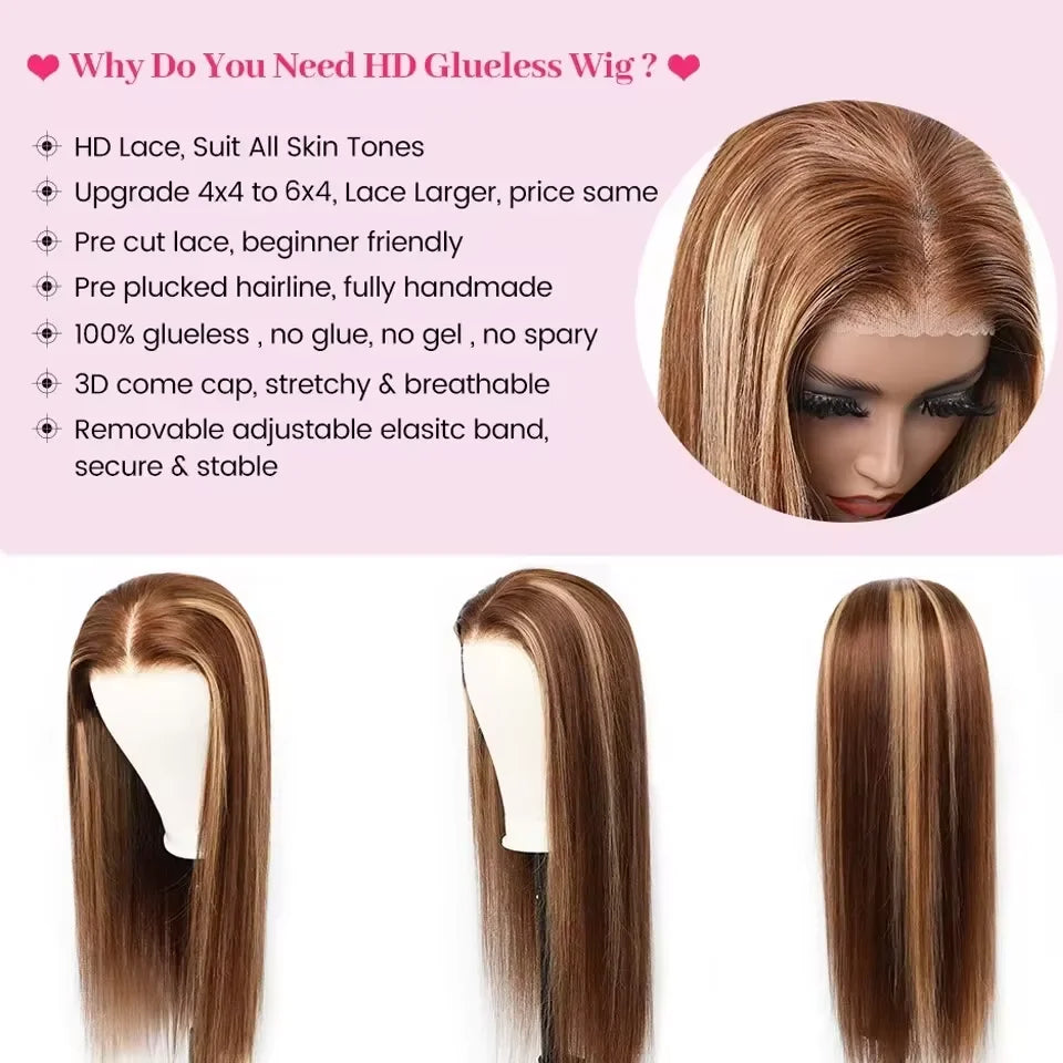 Pre Cut 7x5 Glueless Wig Human Hair 4/27Highlight 13x6 30Inch Honey Blonde