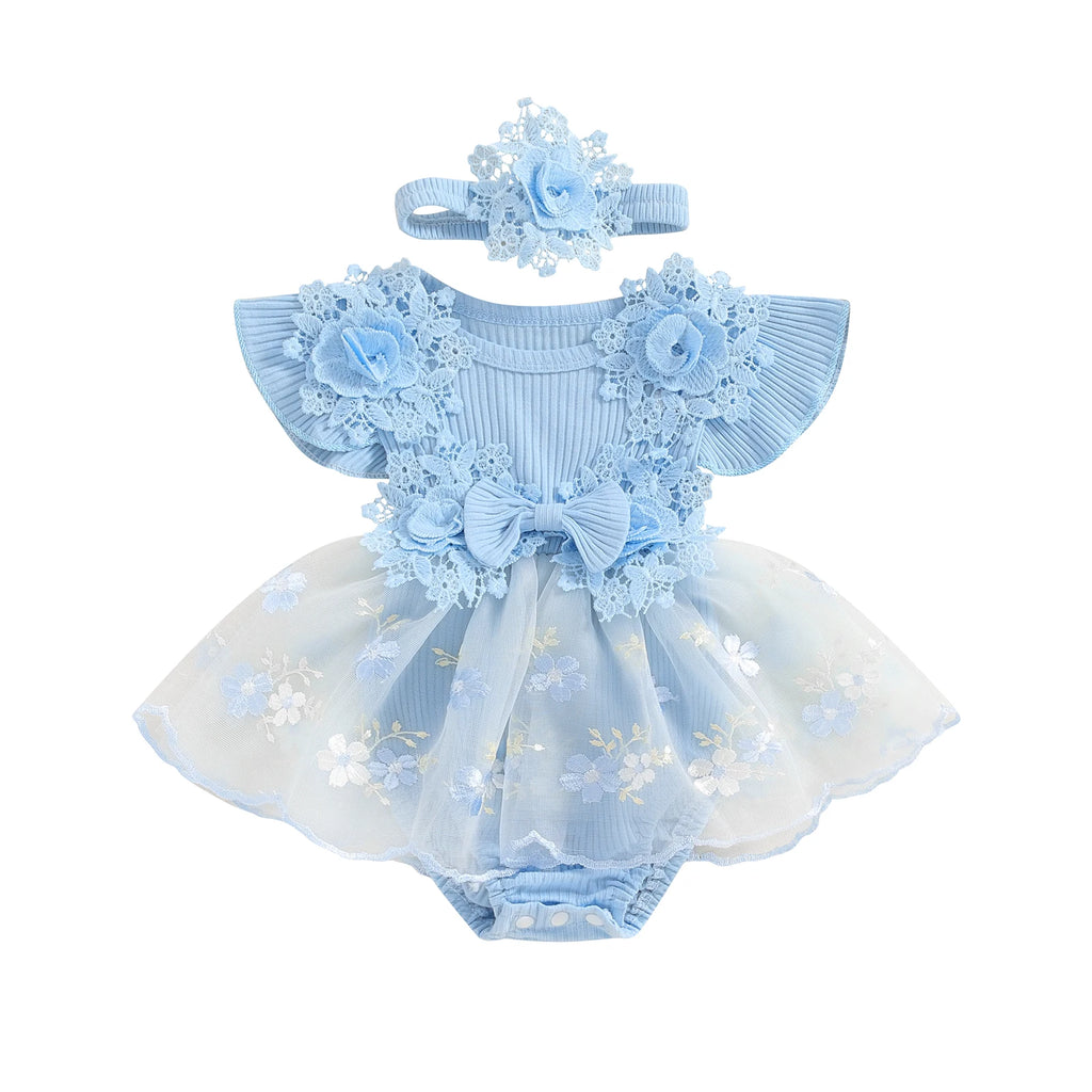 3D Flower Romper Princess Mesh Ruffle Dress & Headband