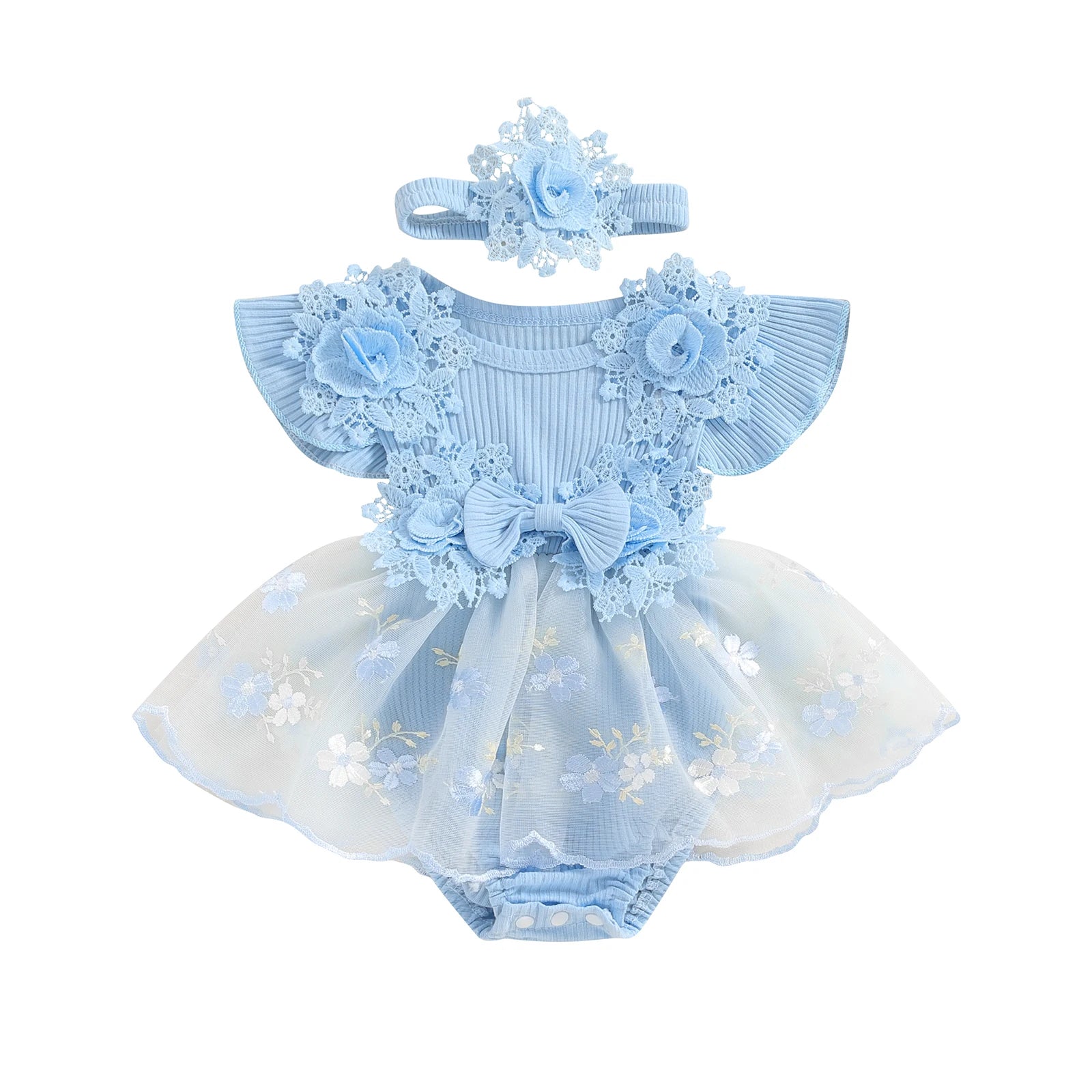 3D Flower Romper Princess Mesh Ruffle Dress & Headband