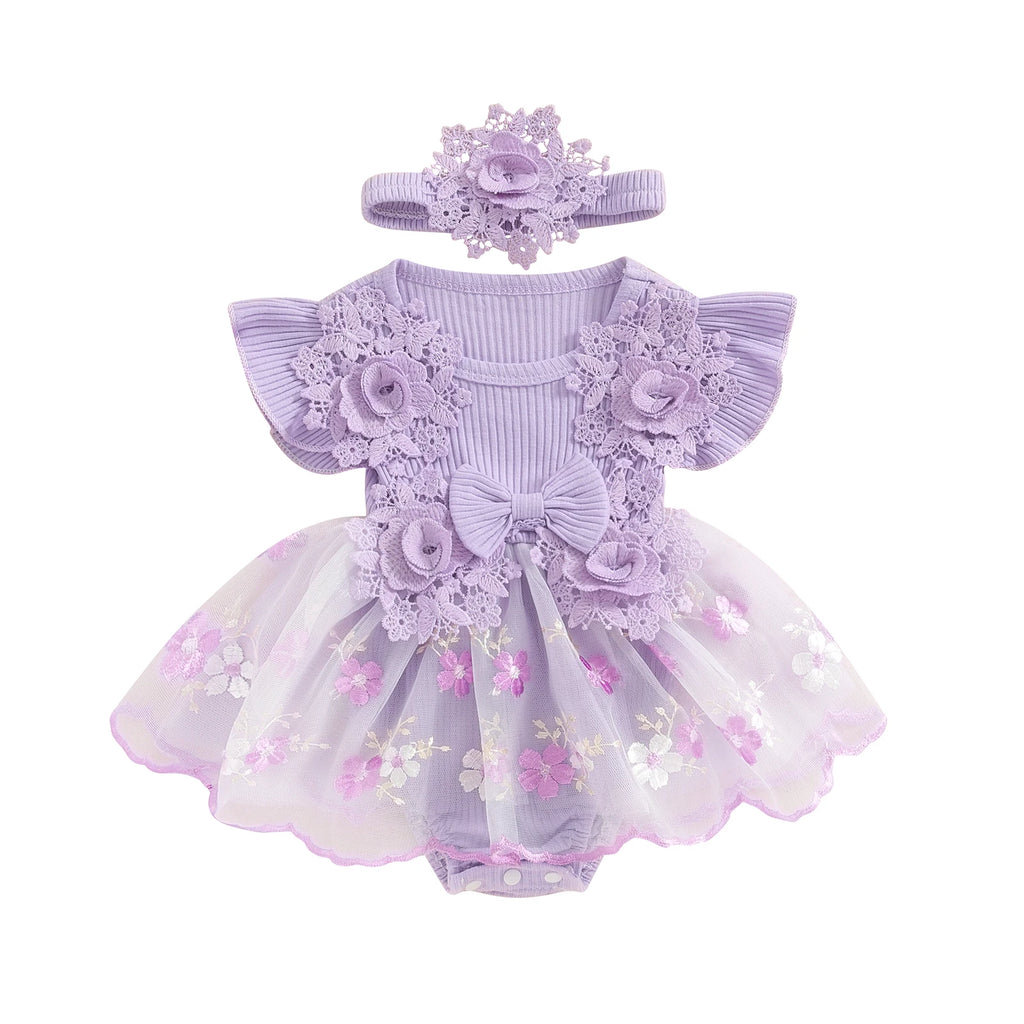 3D Flower Romper Princess Mesh Ruffle Dress & Headband