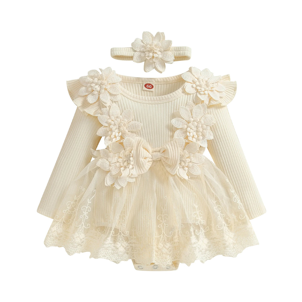 3D Flower Romper Princess Mesh Ruffle Dress & Headband