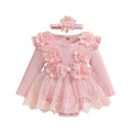 3D Flower Romper Princess Mesh Ruffle Dress & Headband