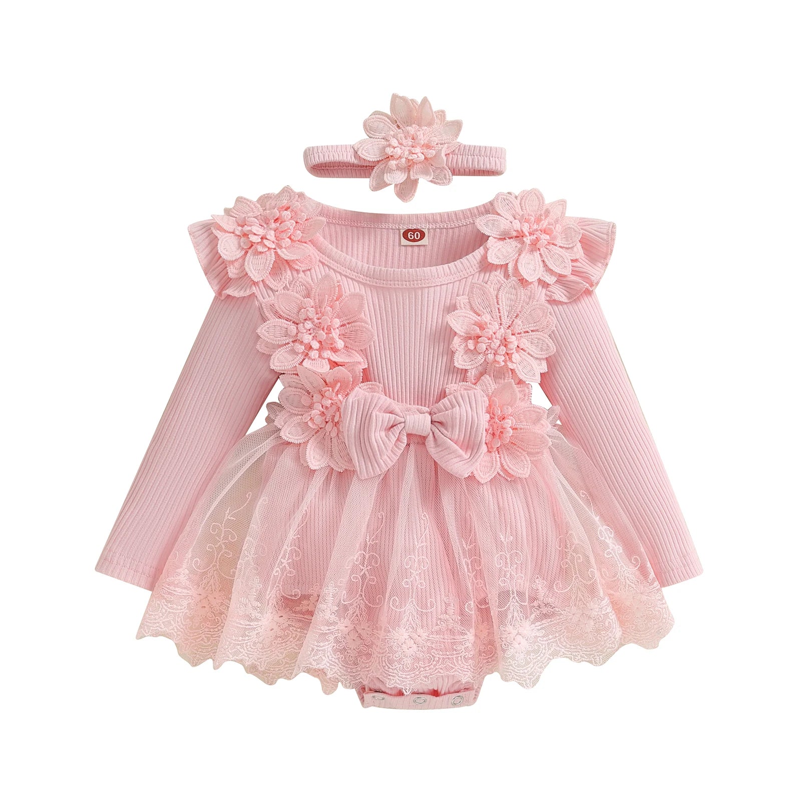 3D Flower Romper Princess Mesh Ruffle Dress & Headband
