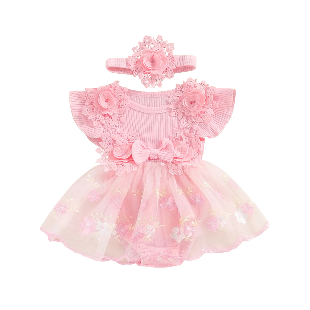 3D Flower Romper Princess Mesh Ruffle Dress & Headband