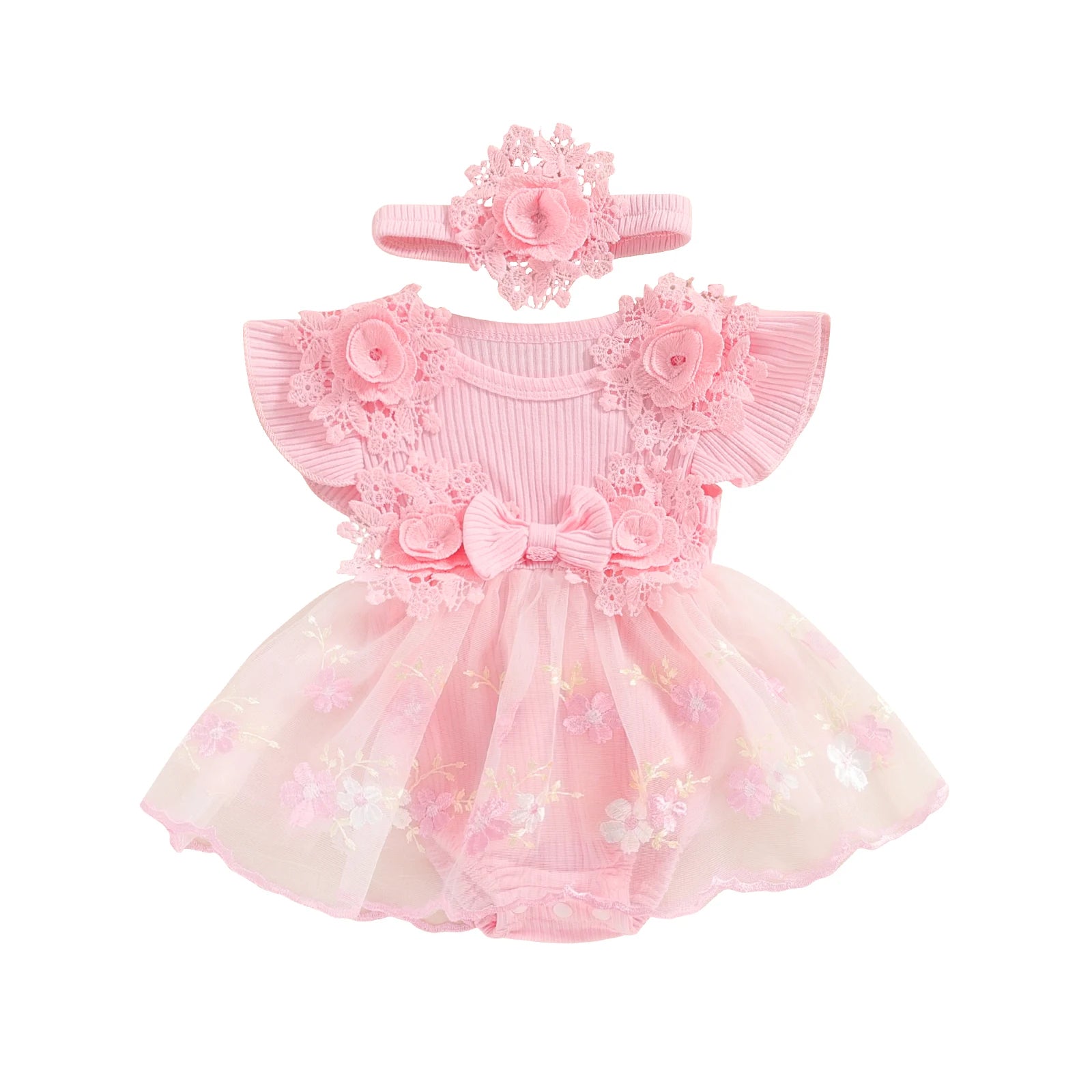 3D Flower Romper Princess Mesh Ruffle Dress & Headband