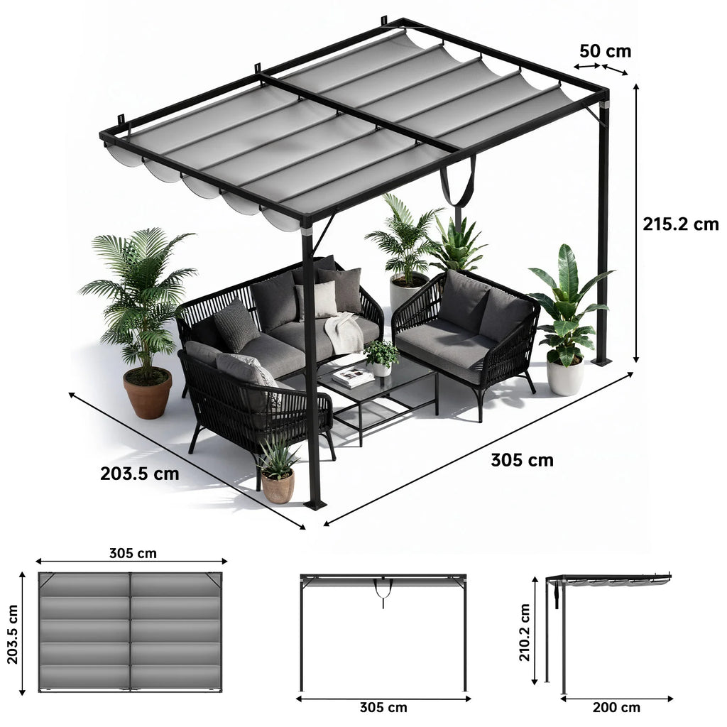 GartistGO 2*3m Lean To Pergola with Retractable Roof