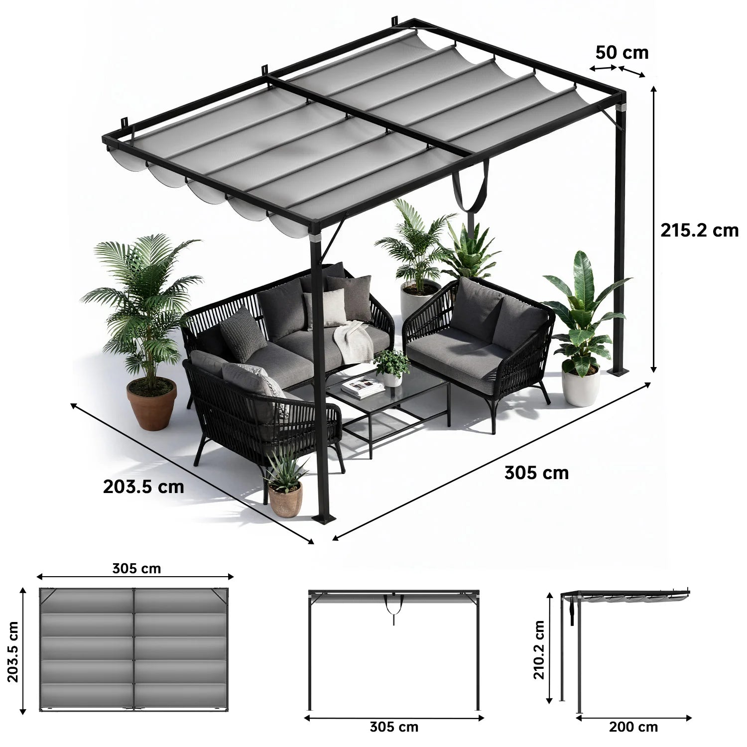 GartistGO 2*3m Lean To Pergola with Retractable Roof