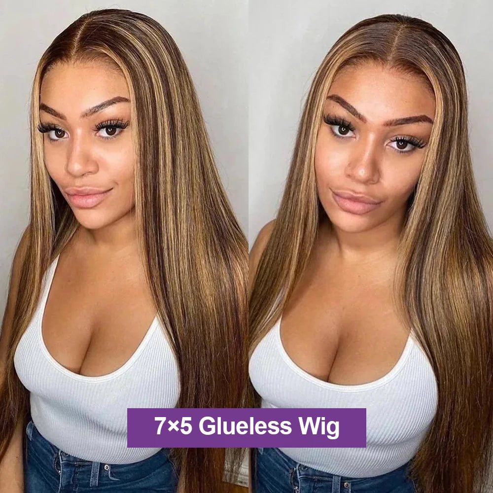 Pre Cut 7x5 Glueless Wig Human Hair 4/27Highlight 13x6 30Inch Honey Blonde