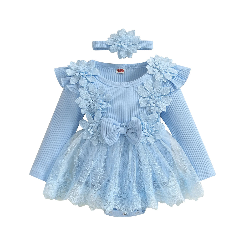 3D Flower Romper Princess Mesh Ruffle Dress & Headband
