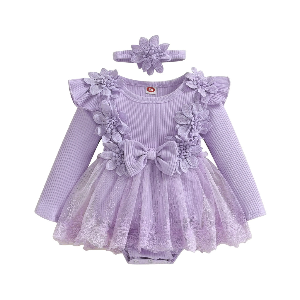 3D Flower Romper Princess Mesh Ruffle Dress & Headband