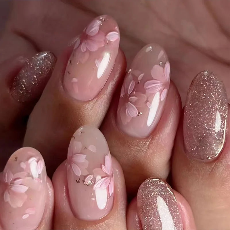 24pcs Pink Almond Press on Nails Flower Pattern