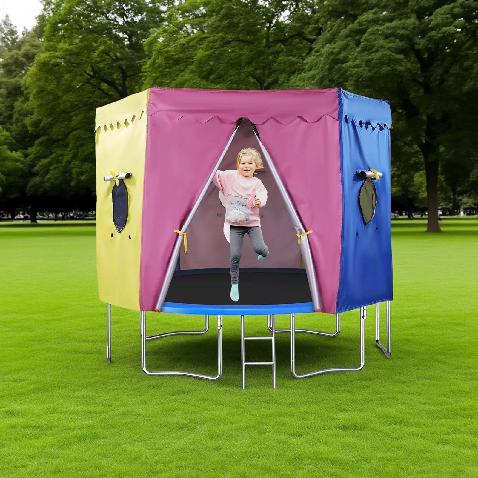 Colourful playful trampoline tent with a child inside on a grassy area