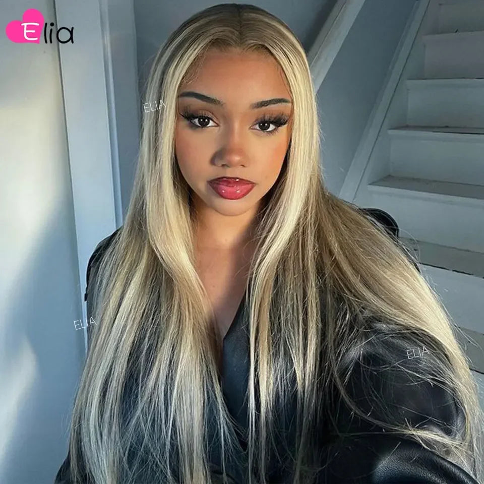 Brown Roots Highlight Transparent Lace Wig