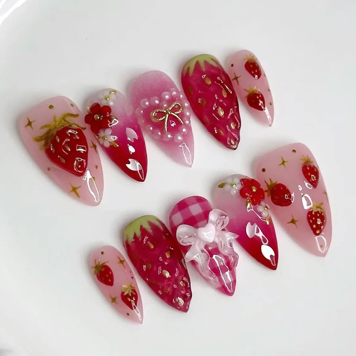 Press on Nails Strawberry Bow Design Nails