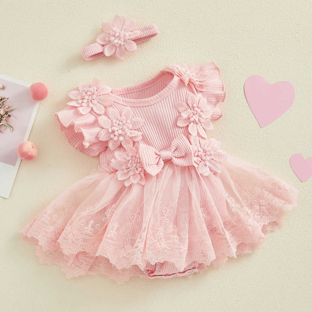 3D Flower Romper Princess Mesh Ruffle Dress & Headband