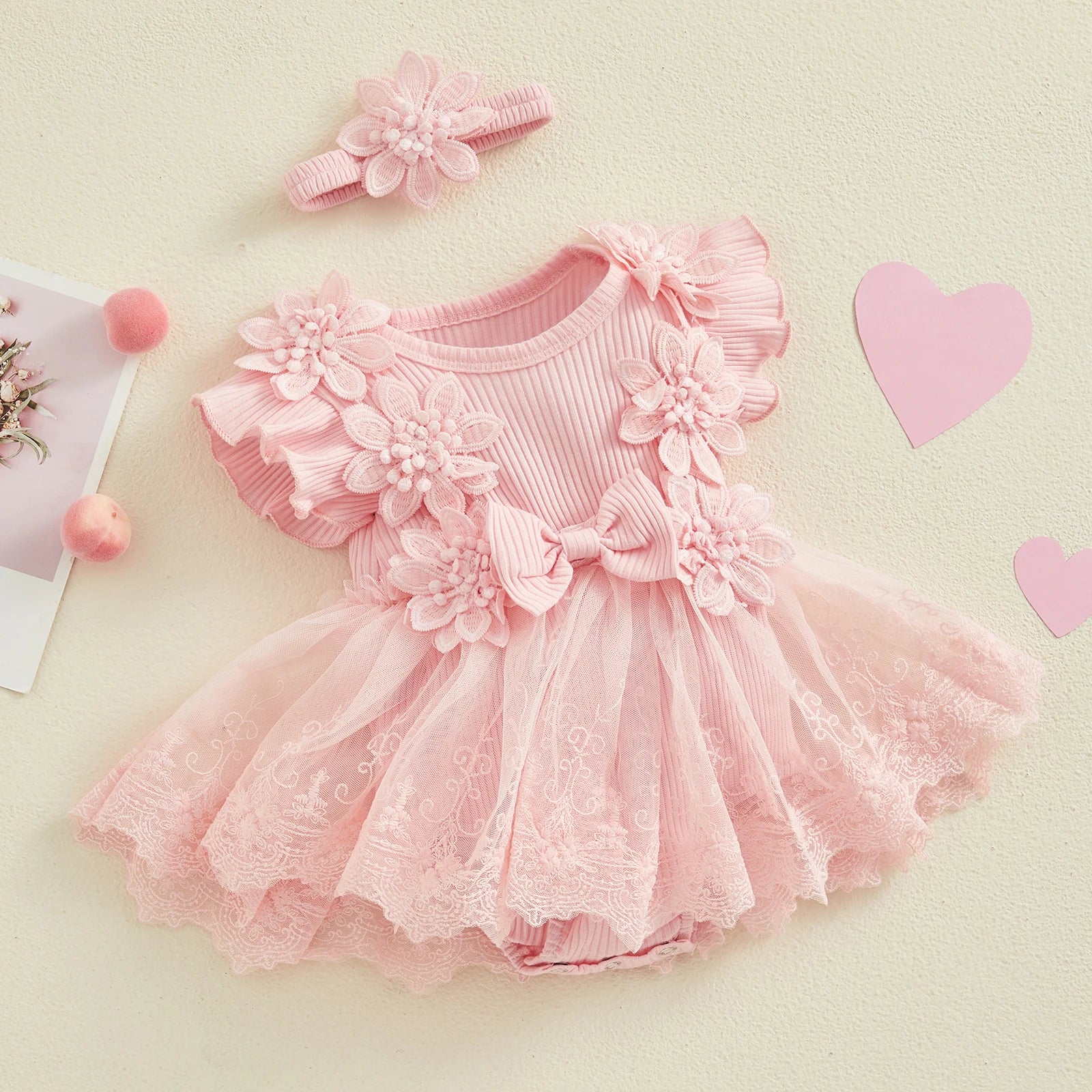 3D Flower Romper Princess Mesh Ruffle Dress & Headband