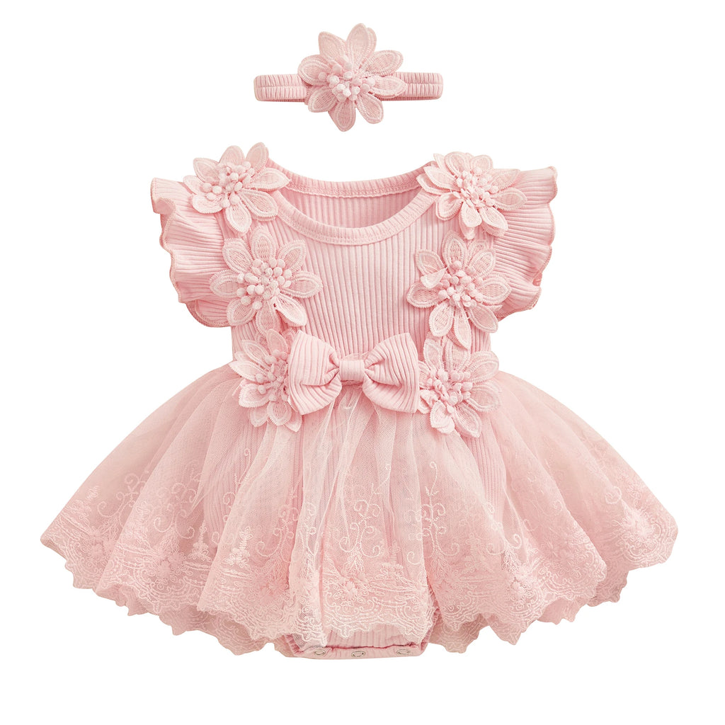 3D Flower Romper Princess Mesh Ruffle Dress & Headband