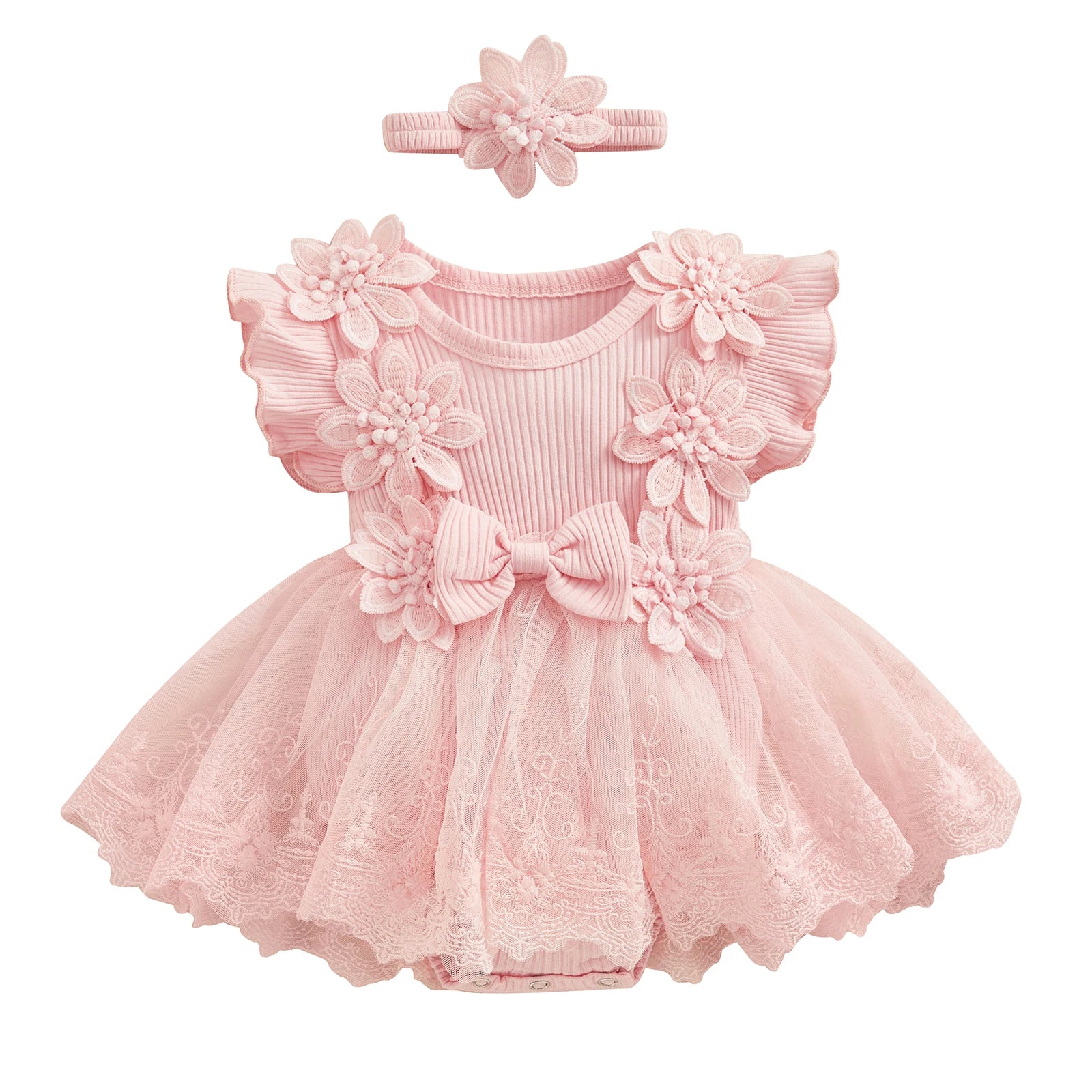 3D Flower Romper Princess Mesh Ruffle Dress & Headband