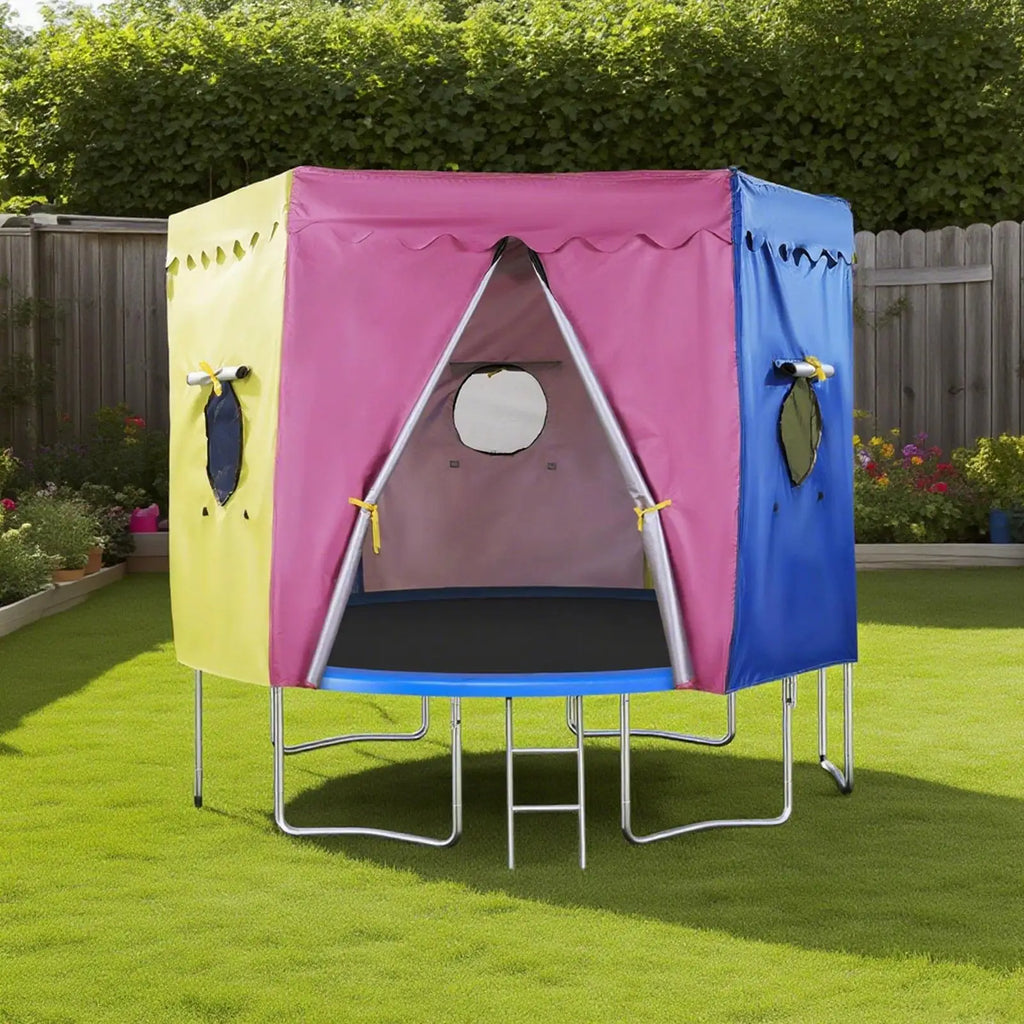 Colorful play tent on a trampoline in a garden setting