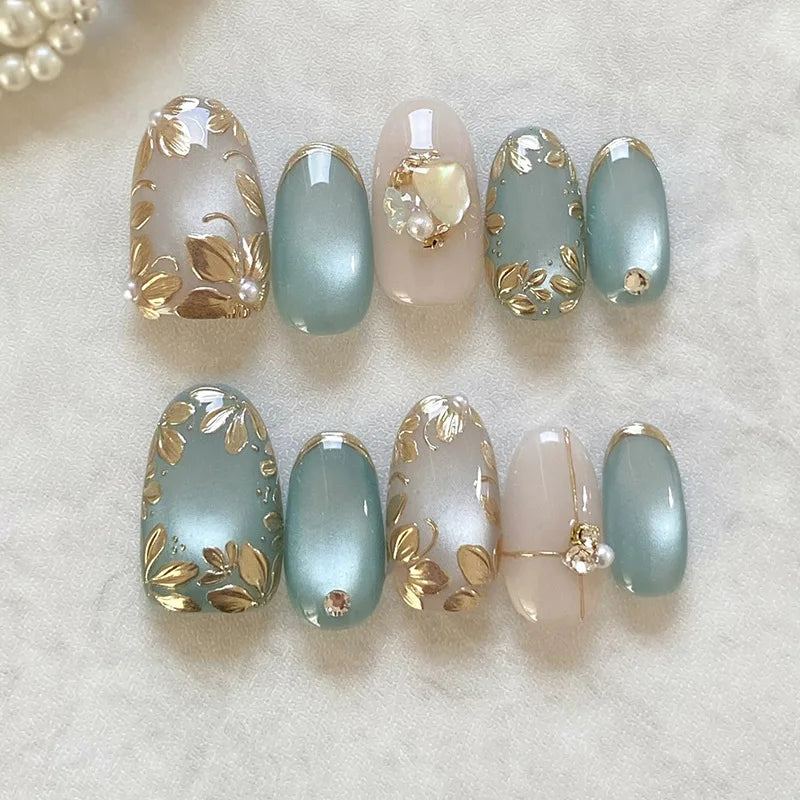 24pcs Pink Almond Press on Nails Flower Pattern