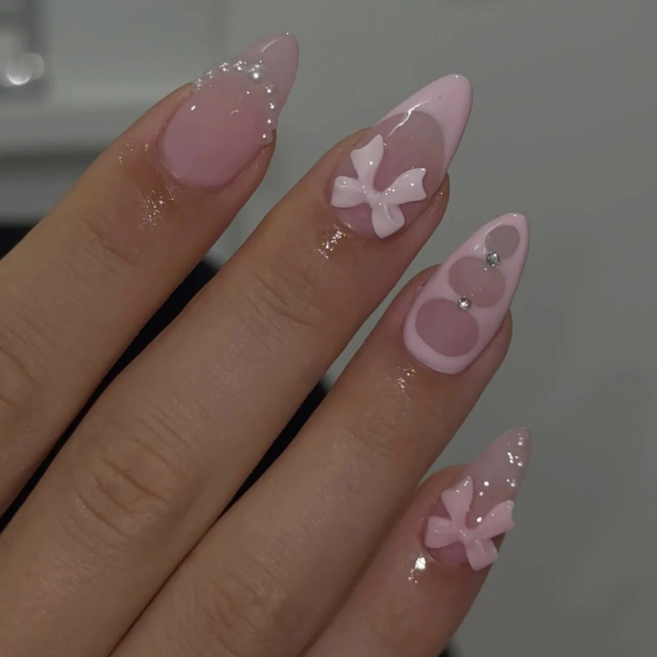 24pcs Pink Almond Press on Nails Flower Pattern