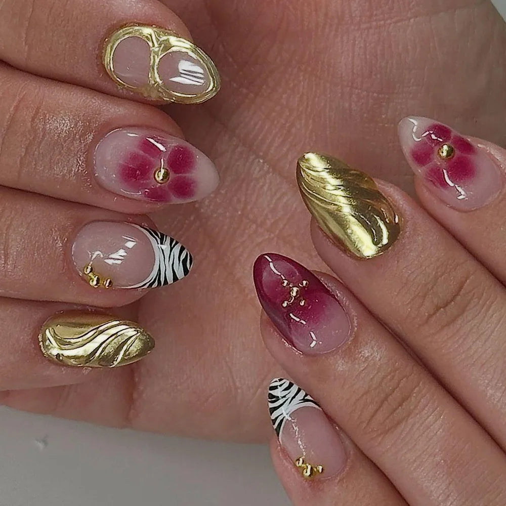 24pcs Pink Almond Press on Nails Flower Pattern