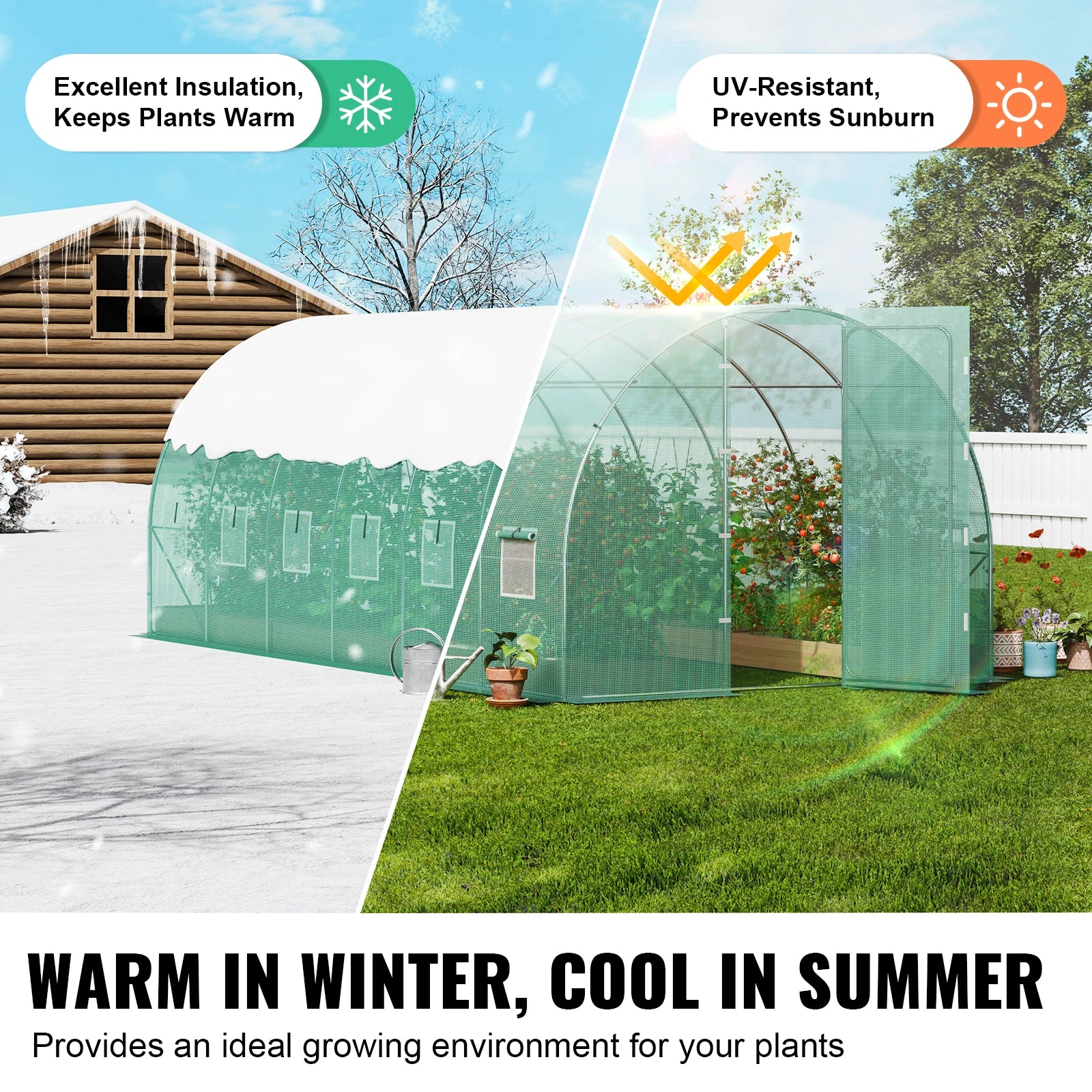 Green greenhouse with text highlighting insulation and UV resistance, set against a snowy and sunny background.