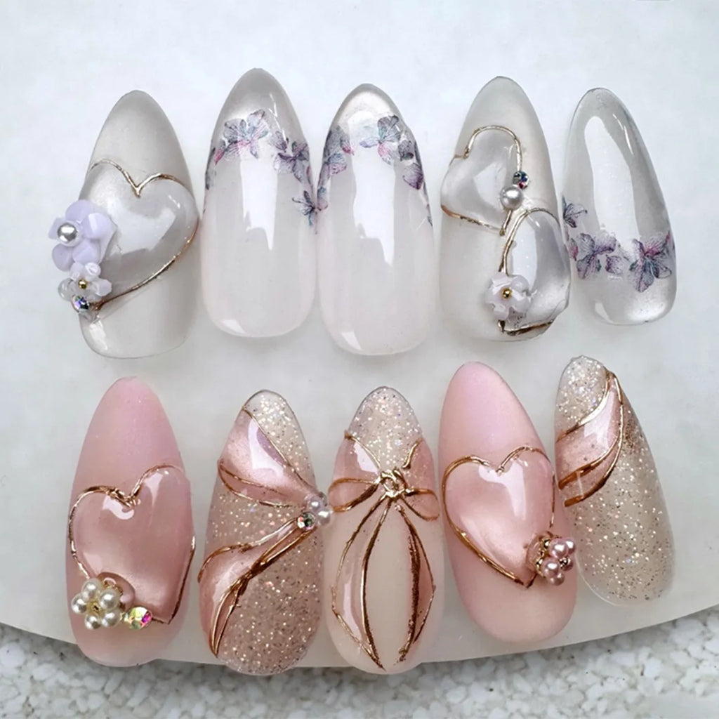 24pcs Pink Almond Press on Nails Flower Pattern