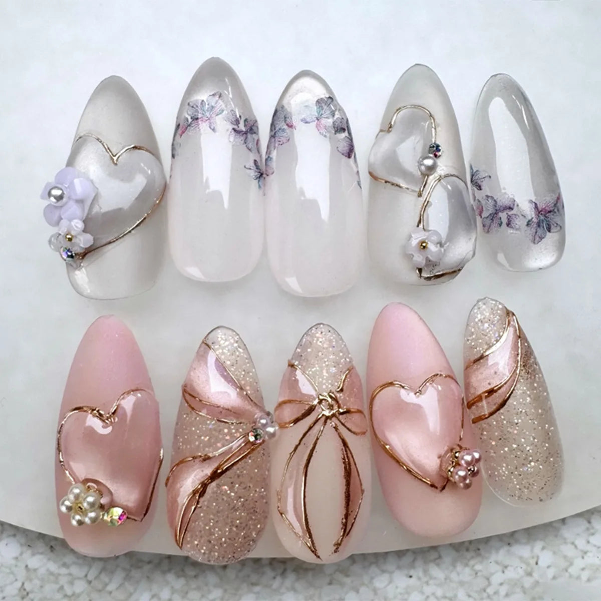 24pcs Pink Almond Press on Nails Flower Pattern