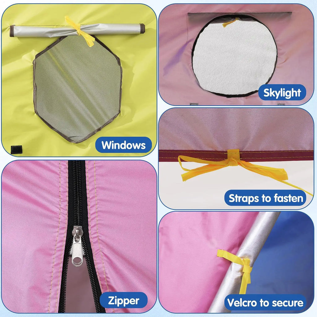 Collage of window coverings with labels for Skylight, Windows, Zipper, Straps to fasten, and Velcro to secure. Trampoline tent features 