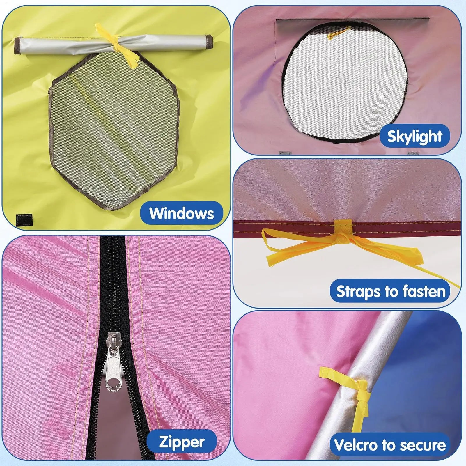 Collage of window coverings with labels for Skylight, Windows, Zipper, Straps to fasten, and Velcro to secure. Trampoline tent features 