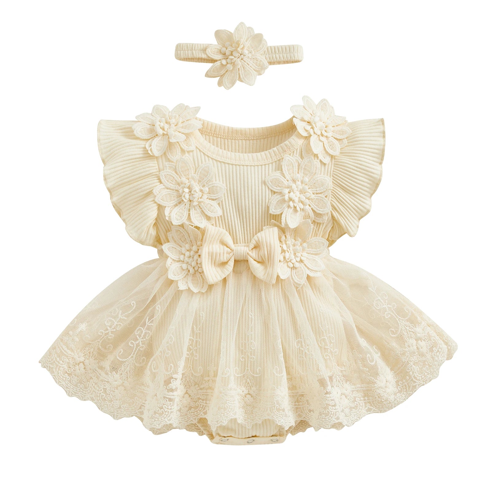 3D Flower Romper Princess Mesh Ruffle Dress & Headband