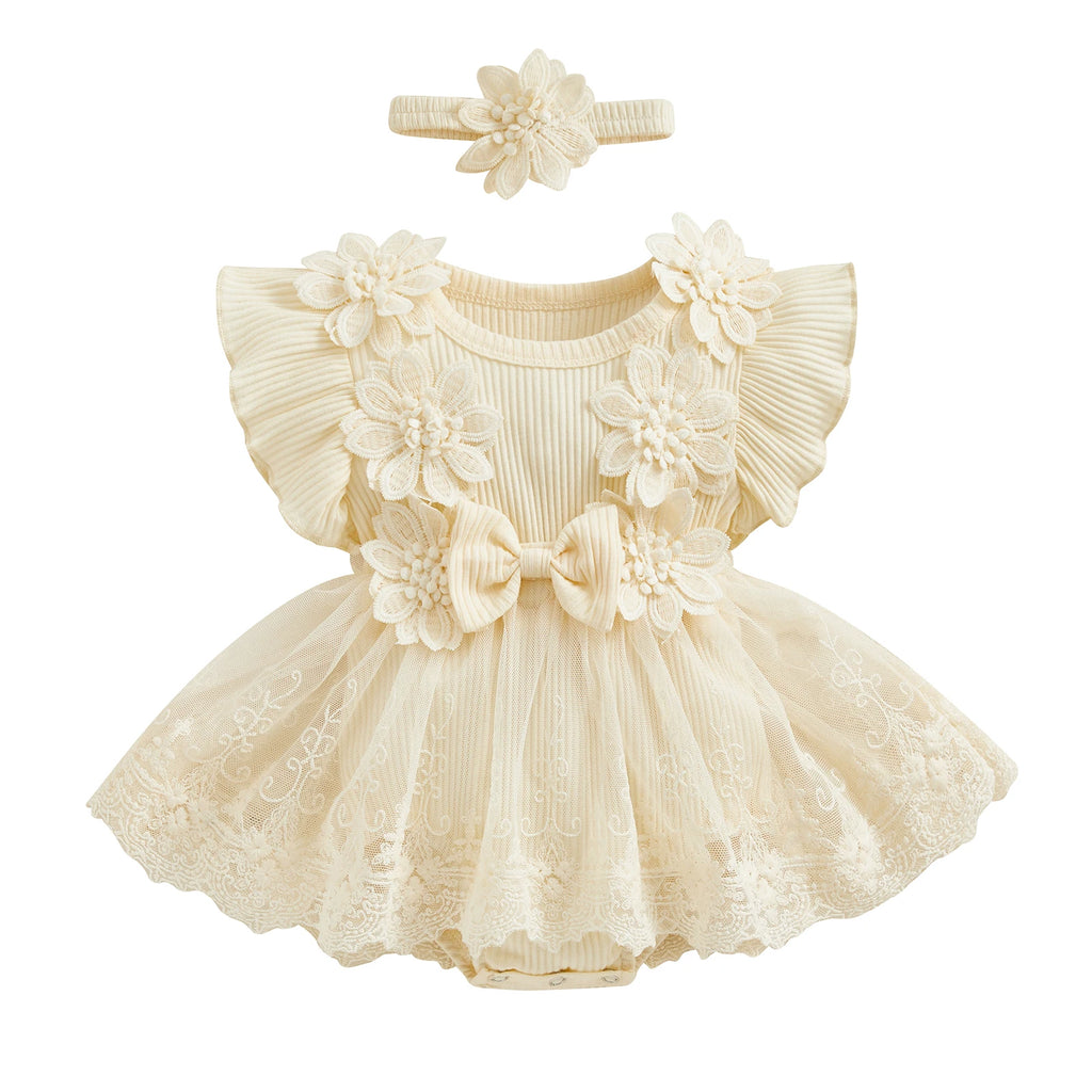 3D Flower Romper Princess Mesh Ruffle Dress & Headband