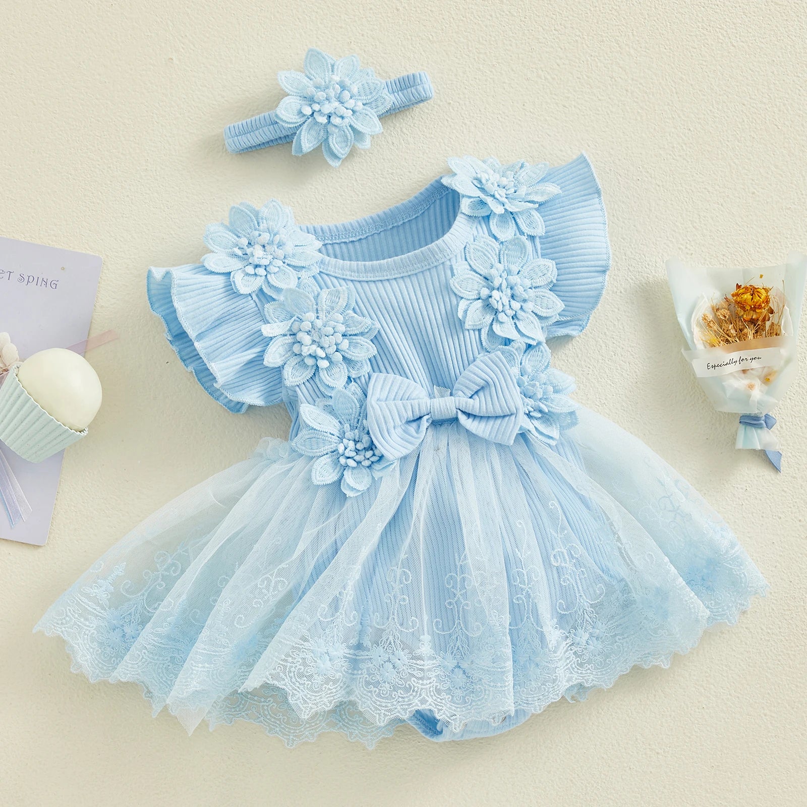 3D Flower Romper Princess Mesh Ruffle Dress & Headband