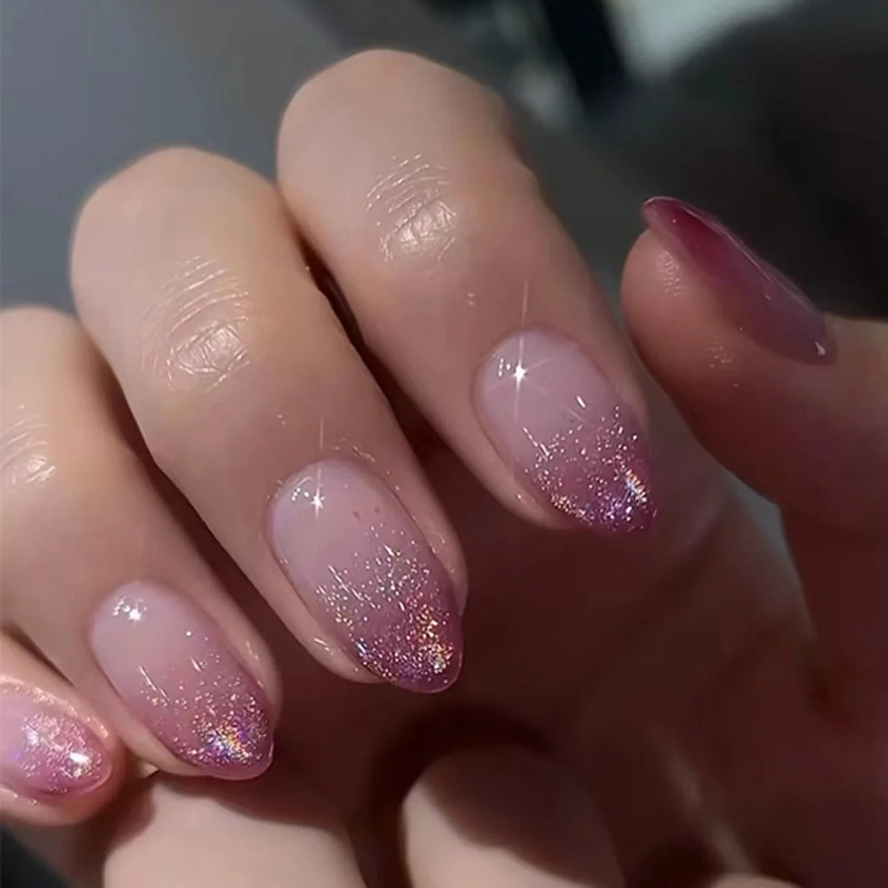 24pcs Pink Almond Press on Nails Flower Pattern