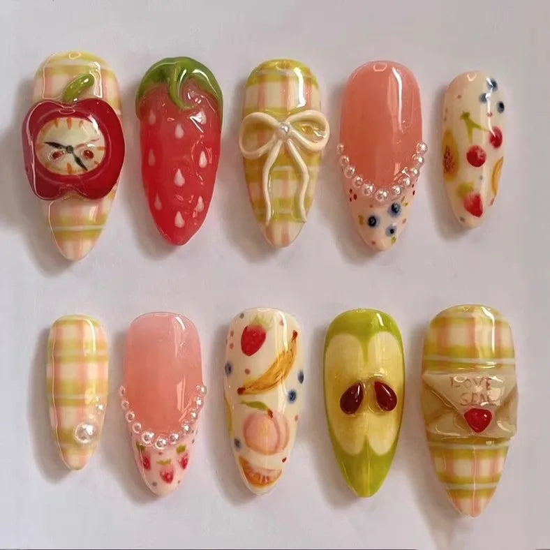 Press on Nails Strawberry Bow Design Nails