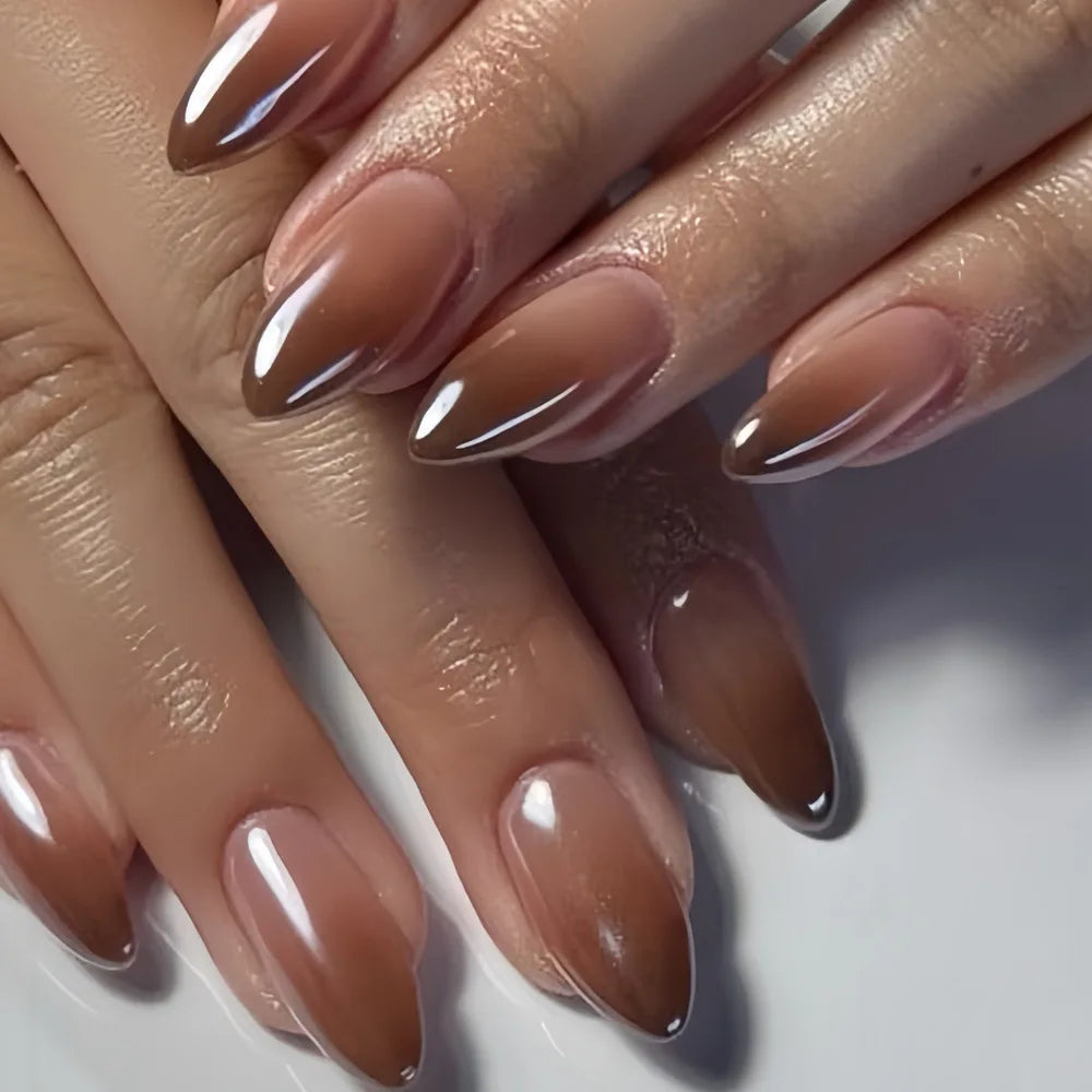 24pcs Pink Almond Press on Nails Flower Pattern