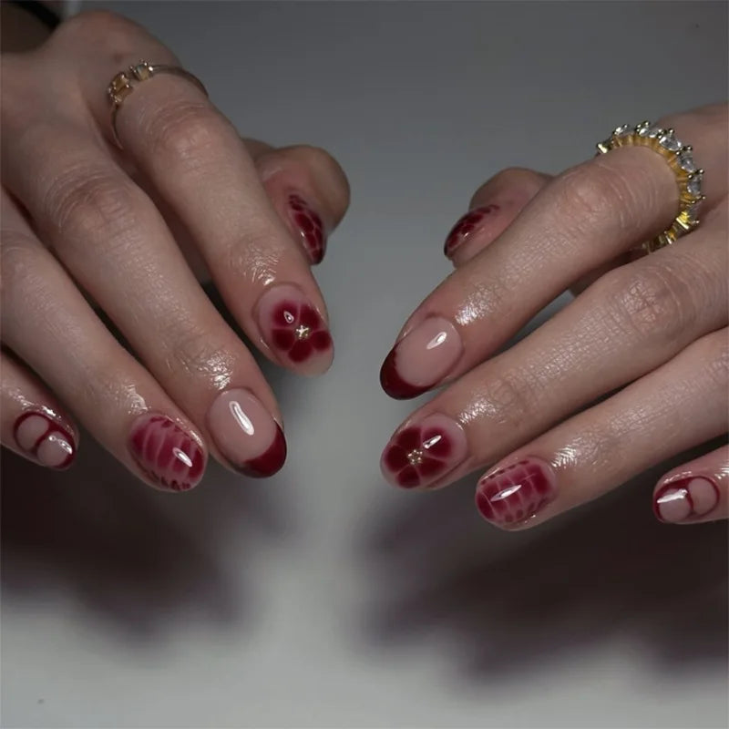 24pcs Pink Almond Press on Nails Flower Pattern