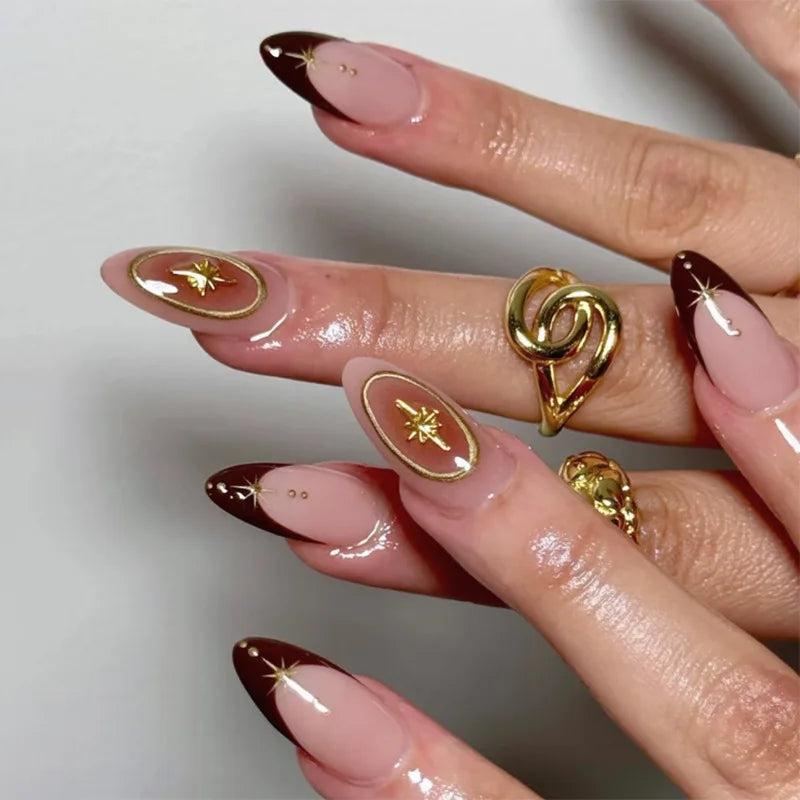24pcs Pink Almond Press on Nails Flower Pattern