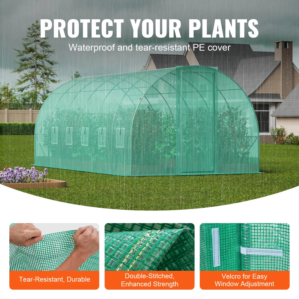 Green plastic greenhouse cover with text 'Protect Your Plants' and features of the cover.