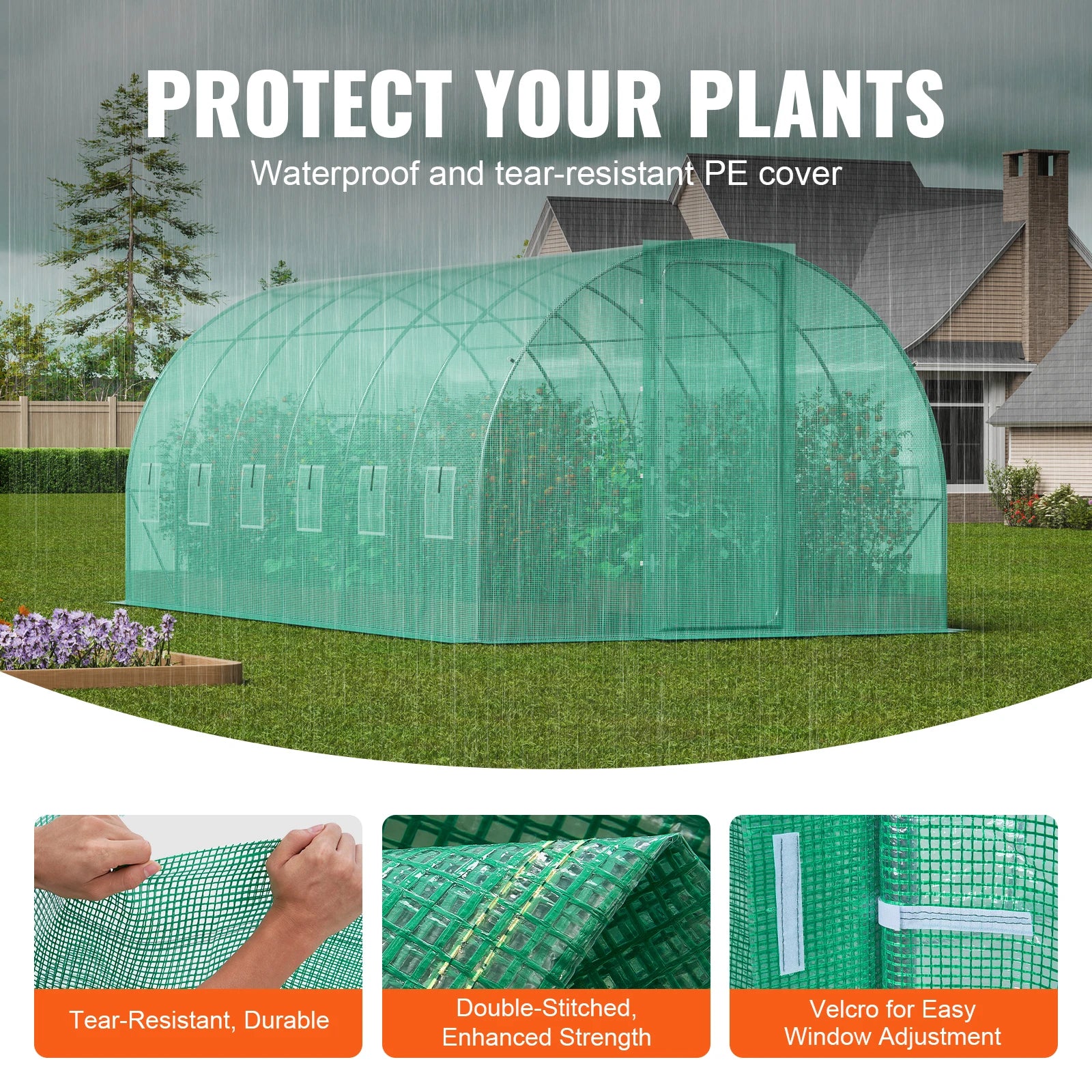 Green plastic greenhouse cover with text 'Protect Your Plants' and features of the cover.