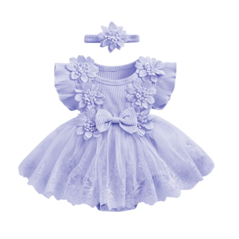 3D Flower Romper Princess Mesh Ruffle Dress & Headband