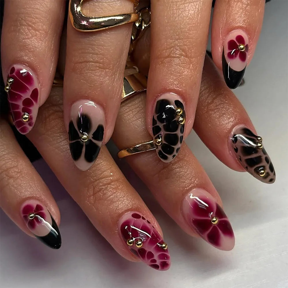 24pcs Pink Almond Press on Nails Flower Pattern