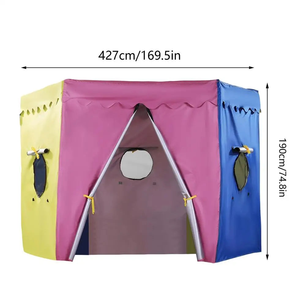 Colourful children's play tent with dimensions indicated on a white background 427cm/169.5 BY 190cm/74.8in
