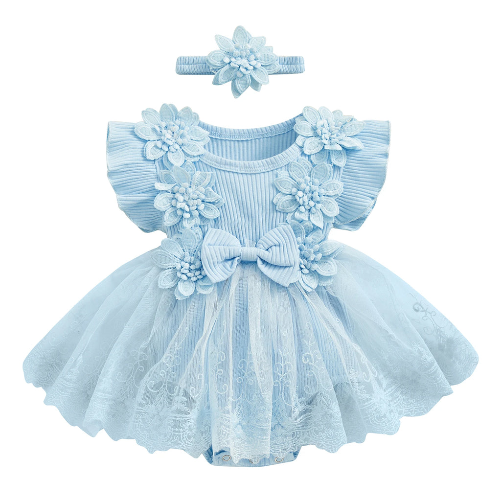 3D Flower Romper Princess Mesh Ruffle Dress & Headband