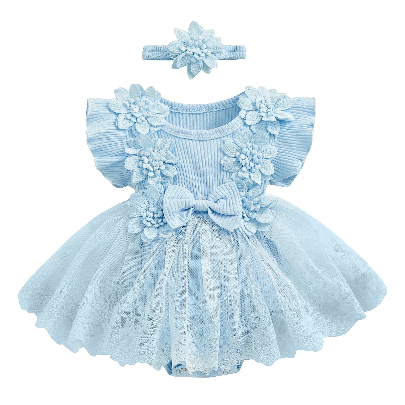 3D Flower Romper Princess Mesh Ruffle Dress & Headband