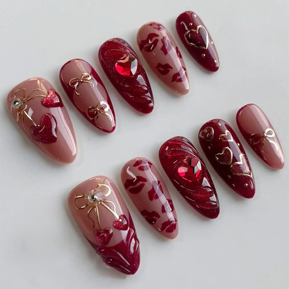 24pcs Pink Almond Press on Nails Flower Pattern